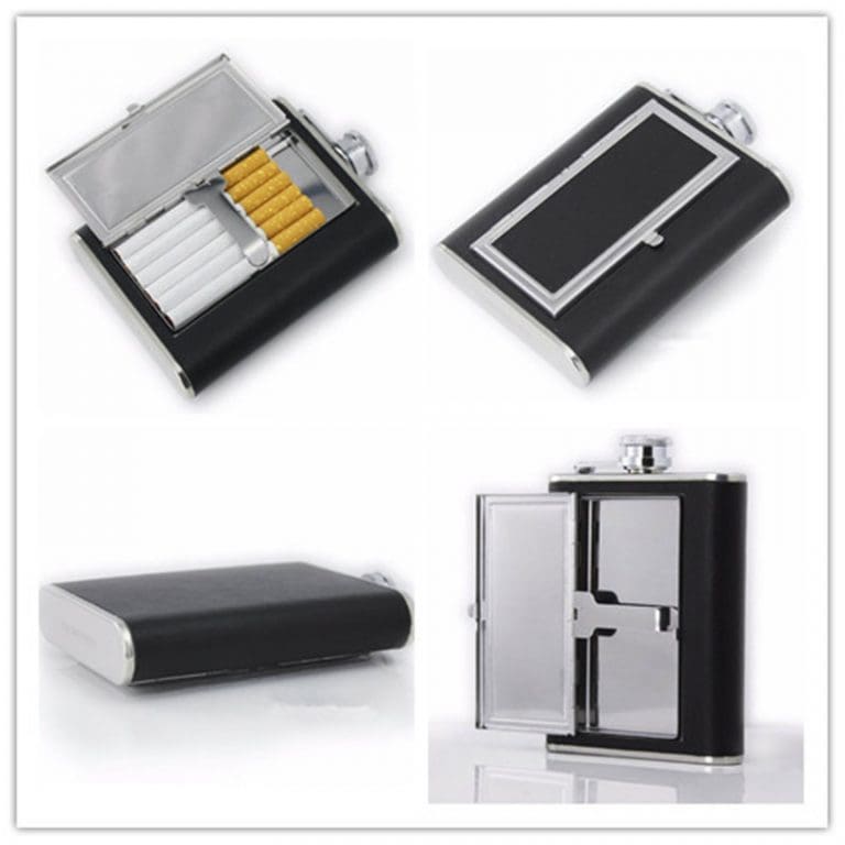 Black 6oz Hip Flask with Built-in Cigarette Case