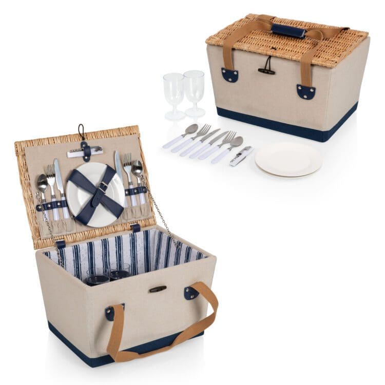 Boardwalk Picnic Basket for 2, (Beige Canvas with Navy Blue Accents)