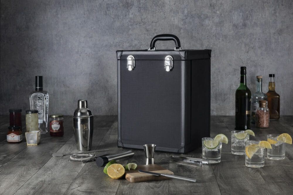 the Hamilton Bartender Kit is our portable bar case with cocktail shaker